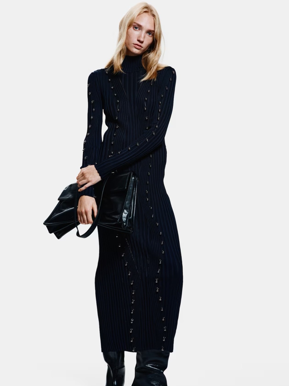 Beaded H&M Ribbed Long Sleeve Turtleneck Midi Dress in navy blue